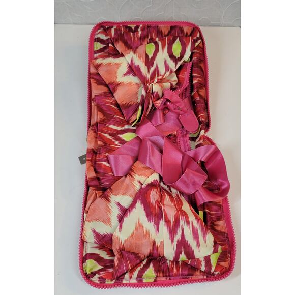 Chico's Tote Fold-Up Bag Large Pink Ikat Print Packable Zipper Double Strap NEW - Picture 7 of 12